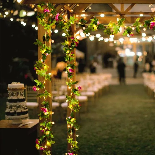 Vista 6 de Guirnalda de luces de rosas de 9.84 pies, funciona con pilas, luces de hadas de rosas artificiales, hojas de flores, vid, para interiores