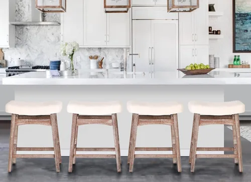 Vista 20 de ALPHA HOME Taburete de bar, taburete de cocina de silla de montar de madera maciza con cojín de tela de lino beige, taburete de bar de altura