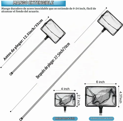 Vista 2 de Sumind 2 redes para pecera, malla para acuario, redes de pesca de mango largo con redes extensibles de acero inoxidable de 12.5 a 27.5 pulgadas
