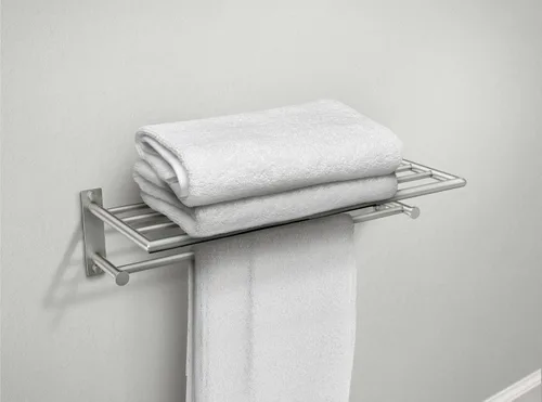 Vista 5 de Moen Y5794BN - Estante de almacenamiento de toallas de baño moderno de 24 pulgadas de ancho con toallero, níquel cepillado