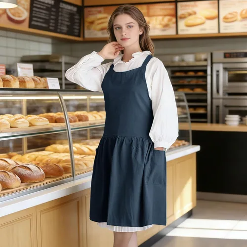 Vista 2 de Vestido tipo delantal de lino de algodón con espalda cruzada para mujer con bolsillos para cocinar y limpiar - Delantal cruzado - Azul - con lazos