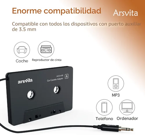 Vista 5 de Arsvita - Adaptador de audio de cassette a auxiliar para automóvil, con cable de audio auxiliar de 0.14 pulgadas
