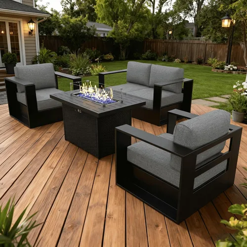 Vista 39 de LayinSun - Juego de muebles de exterior de aluminio de gran tamaño de 5 piezas con mesa auxiliar Negro/Gris oscuro