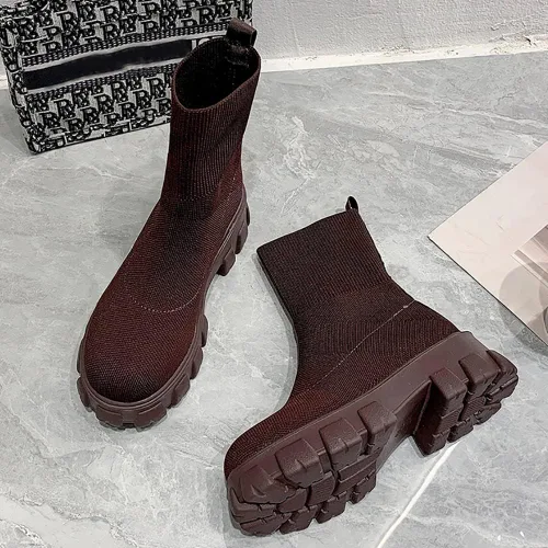 Vista 2 de Botas al tobillo con suela de lengüeta para mujer, tacón bajo, botas Chelsea elásticas, botines cortos