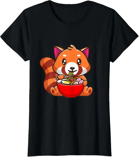 Vista 27 de Camiseta Kawaii Anime Red Panda Eating Ramen Noodles, Negro, S