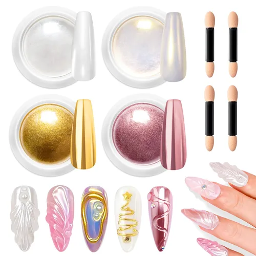 Vista 8 de Polvo de uñas cromado dorado LEDSUUEI Super Mirror Nail Glitter, polvo de metal Holo cromo para uñas, pigmento blanco aurora, dona vidriosa perla