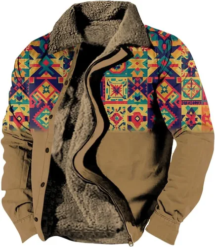 Vista 4 de LOAIHA Chaqueta de invierno para hombre, chaqueta azteca occidental para hombre, con cremallera, forro polar cálido, chaqueta vaquera, étnica vintage
