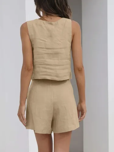 Vista 4 de AUTOMET Conjunto de 2 piezas para mujer, conjunto de dos piezas de lino, pantalones cortos de lino, ropa de moda, conjunto de vacaciones de verano