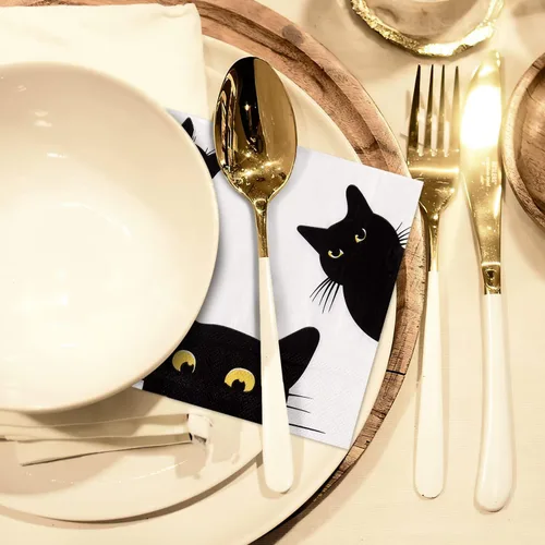 Vista 6 de Quera Paquete de 50 servilletas de papel desechables de gato negro, suministros para fiestas, servilletas de papel de Halloween, servilletas