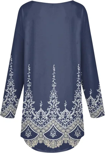 Vista 2 de Blusa de manga larga para mujer, con estampado gráfico, sin botones, plisada, estilo bohemio, con estampado gráfico