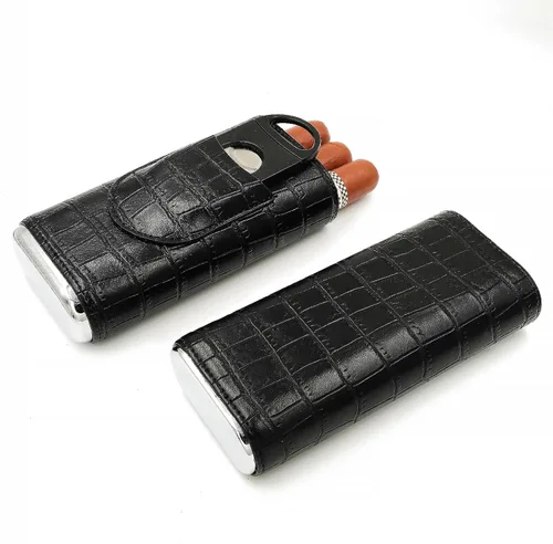 Vista 4 de Estuche de cigarros negro con cortador, soporte portátil de cuero para cigarros de viaje y kit de humidificador pequeño para hombres