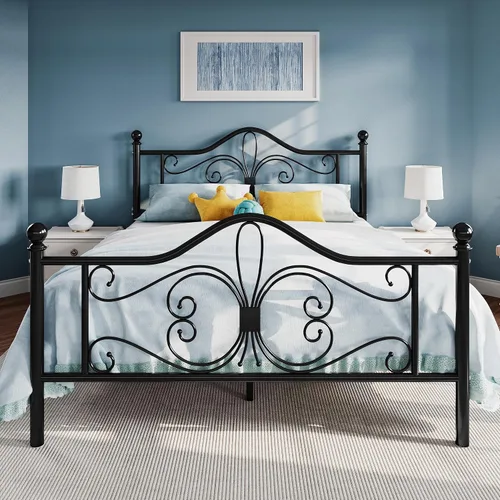 Vista 10 de SHA CERLIN Estructura de cama de tamaño individual para niños, estructura de cama de metal con cabecero y pie de cama con diseño de patrón de Negro