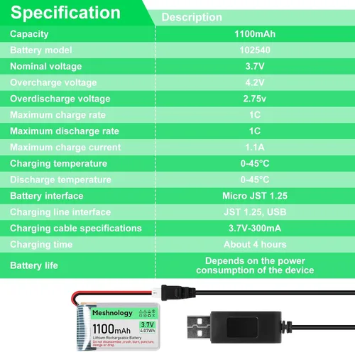 Vista 7 de 2 unids 3.7 V 1100 mAh Li batería con cargador USB 102540 1S LiPo batería con placa de protección cinta de goma aislada y micro JST 1.25 enchufe