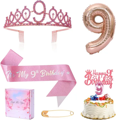 Vista 9 de Banda y Tiara de Cumpleaños de 5 Años con Vela, Banda de Cumpleaños de "Es Mi Cumpleaños" con Corona de Diamantes de Imitación y Globo para Niñas
