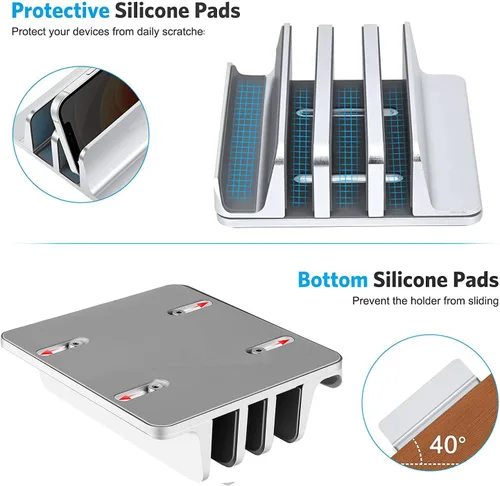 Vista 2 de Soporte vertical para laptop, soporte vertical para portátil de 3 ranuras, tamaño de muelle ajustable, diseño 3 en 1, soporte para computadora