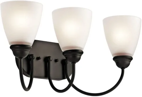Vista 2 de Kichler Jolie - Lámpara de tocador con 3 luces de 20.25 pulgadas con cristal satinado grabado en bronce antiguo