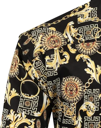 Vista 4 de Bolcguri Camisas de vestir de cadena Buchona de color negro y dorado para hombre, con estampado barroco de lujo, manga larga, con botones, camisa
