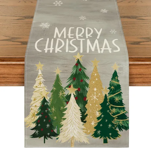 Vista 10 de Artoid Mode Camino de Mesa de Feliz Navidad con Árboles de Navidad y Copos de Nieve Rojos 210 GSM, Decoración de Mesa de Comedor de Cocina