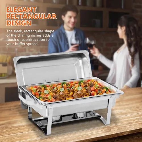 Vista 8 de SUPER DEAL Paquete de 2 calentadores de alimentos de 9 cuartos de galón, juego de bufé rectangular con patas de marco plegable, plato de acero
