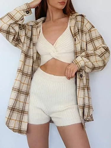 Vista 2 de ZAFUL Camisa de manga larga a cuadros para mujer mezcla de lana con botonadura chaqueta fina blusa casual con bolsillo