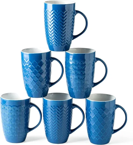 Vista 14 de AmorArc Juego de 6 tazas de café extragrandes de cerámica de 20 onzas con patrones geométricos texturizados para café, té, cerveza, cacao caliente