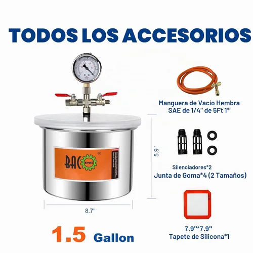 Vista 2 de Kit de cámara de aspiradora BACOENG, de silicona, para desgasificación de resinas, silicona y epoxies, acero inoxidable, 1.5 galones