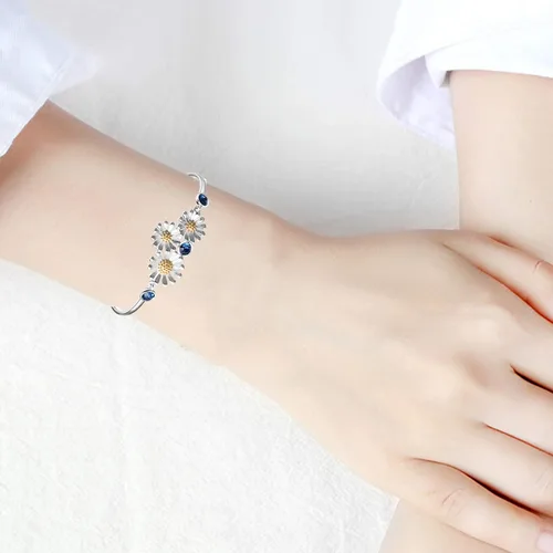 Vista 6 de YAFEINI Pulsera de plata de ley 925 con margaritas y flores para mujer, regalos de joyería, Plata Esterlina