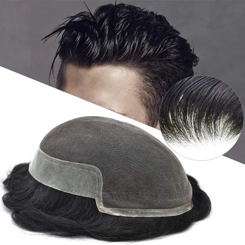 Vista 60 de Tupé para hombre con encaje suizo para hombre, sistema de reemplazo de cabello humano real, extensiones de nudo blanqueado para prótesis de cabello