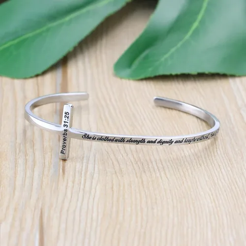 Vista 4 de Brazalete religioso en cruz para regalar a mujeres cristianas, con versículos de la Biblia, joyas para regalar