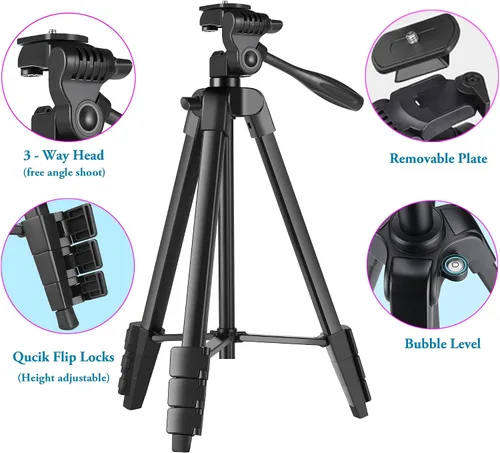 Vista 5 de Trípode de cámara de 55 pulgadas con bolsa de viaje, trípode para teléfono celular con control remoto, soporte de trípode de viaje portátil