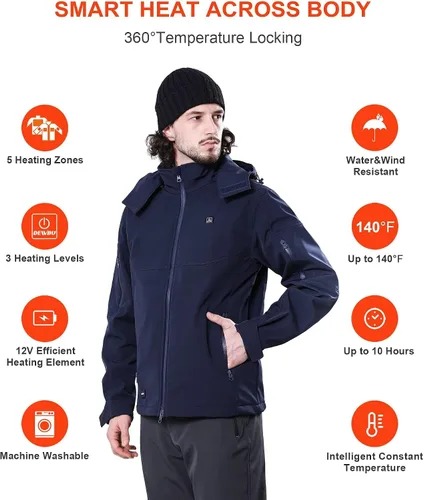 Vista 3 de DEWBU Soft Shell Heated Jacket for Men with 12V Battery Pack and Detachable Hood Outdoor Electric Heating Coat