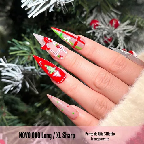 Vista 2 de NOVO OVO - Puntas de uñas postizas largas XL, puntiagudas, de tacón aguja, autoadhesivas, extra largas, gruesas, de gel suave, doble mate