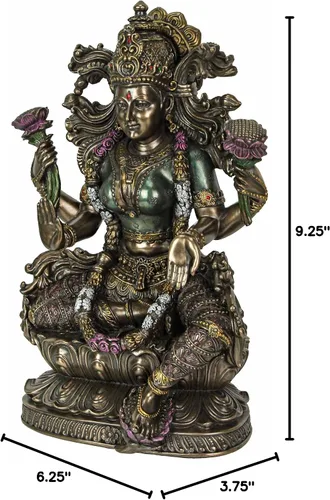 Vista 9 de Veronese Design 9 1/2 pulgadas de alto Lakshmi Diosa hindú sentada en loto fundido en frío estatua de resina bronceada estatua religiosa