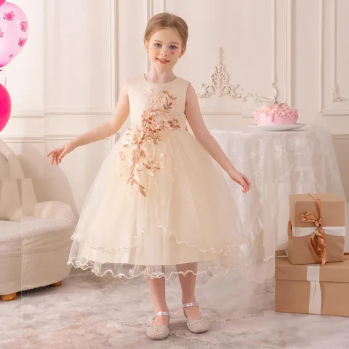 Vista 6 de Vestido formal para niña de flores, vestido formal para fiesta de cumpleaños, boda, bordado floral, vestidos de satén de tul para niños de 2 a 12