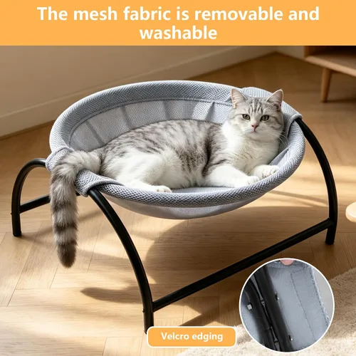 Vista 5 de Cama redonda elevada para gatos, lavable, hamaca para gatos y Cama elevada pequeña para gatos para uso en interiores y exteriores, cuna para gatos