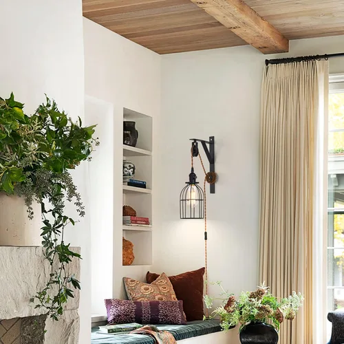 Vista 8 de Lámpara colgante enchufable, lámpara de pared con polea de granja con cable e interruptor de enchufe marrón de 7 pies, lámparas colgantes