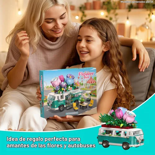Vista 7 de Juego de bloques de construcción de coche floral, conjunto de construcción de furgoneta camper de la ciudad, colección botánica de flores