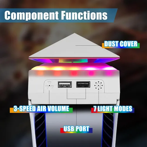 Vista 6 de Console Cooling Fan with Dust Cover Colorful LED Light for PS5 Console Disc Edition & Digital Edition Silent Absorb Fan Cooler with 2 USB Port