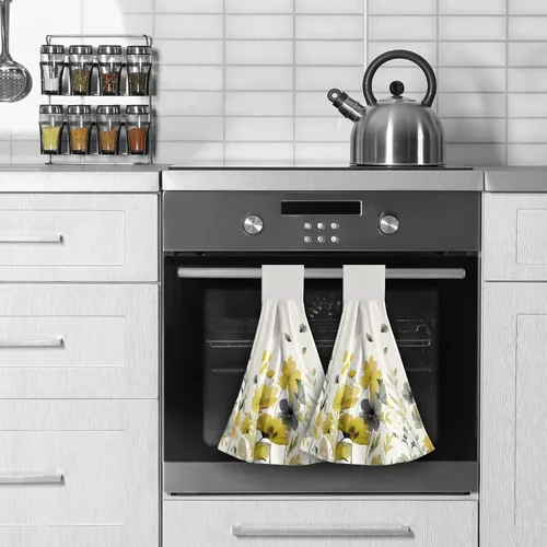 Vista 4 de Poppy Flower Hanging Hand Towels Set of 2,17x12 Inch Watercolor Chinoiserie Yellow Black Floral Soft Absorbent Dish Cloth Tie Towel for Kitchen