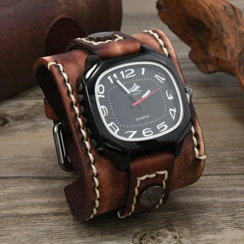Vista 2 de MINILUJIA Relojes hechos a mano para hombre con cuerda de cera cosida, estilo vintage, punk, hip-hop, gótico, ancho, de cuero suave, reloj de hombre