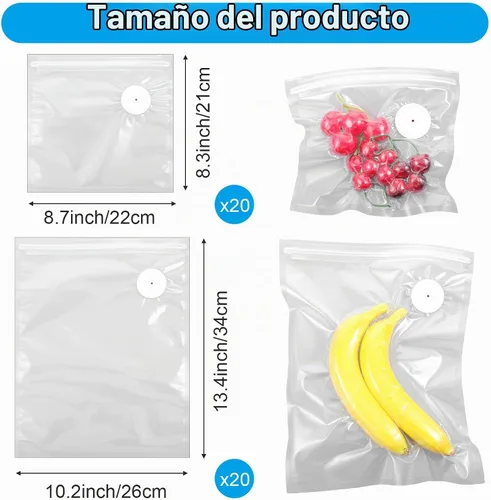 Vista 2 de 40 bolsas selladoras al vacío para alimentos con válvula de aire, bolsas reutilizables para Sous Vide (20 L+20 pequeñas)