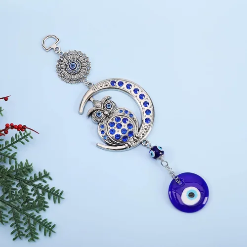 Vista 7 de Decoración azul contra el mal de ojo, adorno colgante de búho, colgante de luna, amuleto para colgar en la pared, accesorios