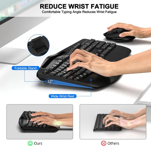 Vista 3 de Combo de teclado y mouse inalámbricos, teclas onduladas de tamaño completo 2.4G, teclado ergonómico con reposamuñecas, soporte para teléfono, mouse