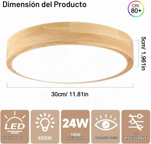 Vista 3 de Lámpara de Techo LED Empotrada: 12 Pulgadas 24W Luminaria de Dormitorio de Madera con Lámparas de Techo Redondas Modernas Planas Aéreas Minimalistas