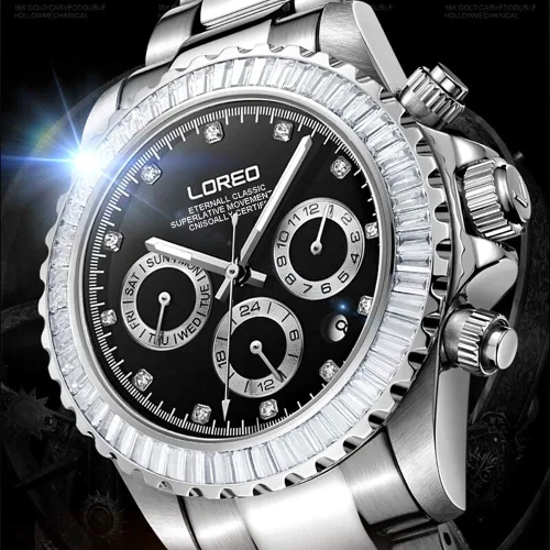 Vista 2 de LOREO Reloj mecánico automático multifunción de acero inoxidable con esfera Blcak de cristal de zafiro para hombre