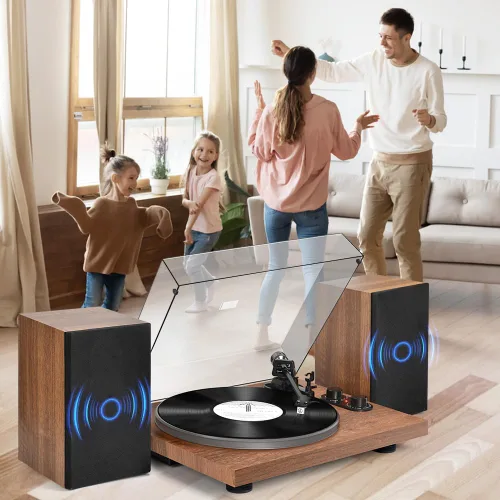 Vista 7 de Tocadiscos con altavoces de 40 W y entrada de salida Bluetooth para discos de vinilo, reproductor de discos de vinilo con preamplificador integrado