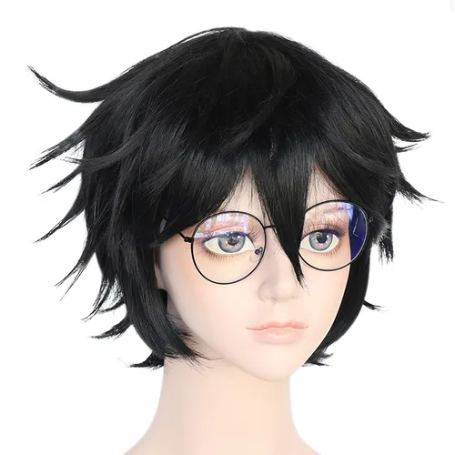 Vista 3 de ANOGOL Gorra de peluca+ 1 lente Peluca corta negra para hombres, peluca sintética negra para cosplay, peluca de anime para niños, para mujeres
