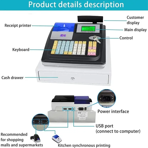 Vista 2 de Caja registradora electrónica de 48 teclas, pantalla LED digital de 8 con cajón de efectivo de 12 V, teclado plano e impresora térmica, caja