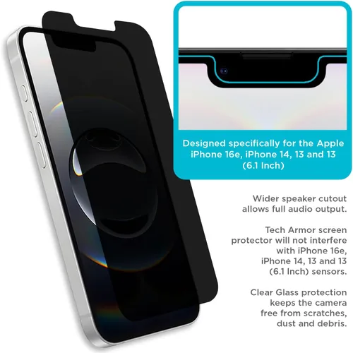 Vista 4 de Tech Armor 1 paquete de protector de pantalla de vidrio balístico de privacidad compatible con Apple iPhone 14 (2022), iPhone 13 y iPhone 13 Pro
