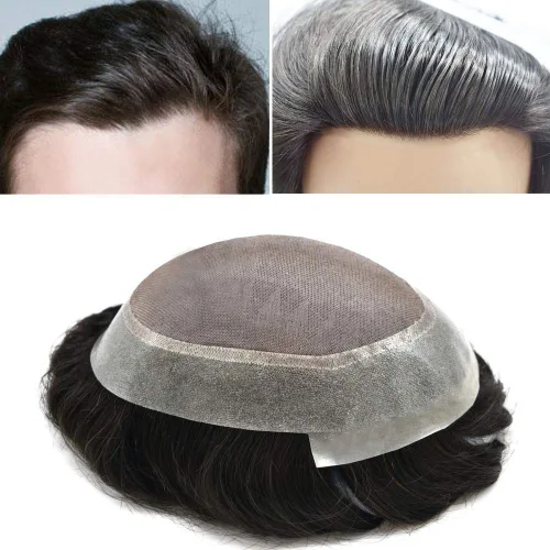 Vista 9 de Peluca tipo tupé para hombre, sistema de repuesto de cabello humano #1B, negro natural, duradero, monofilamento fino, monofilamento, piel
